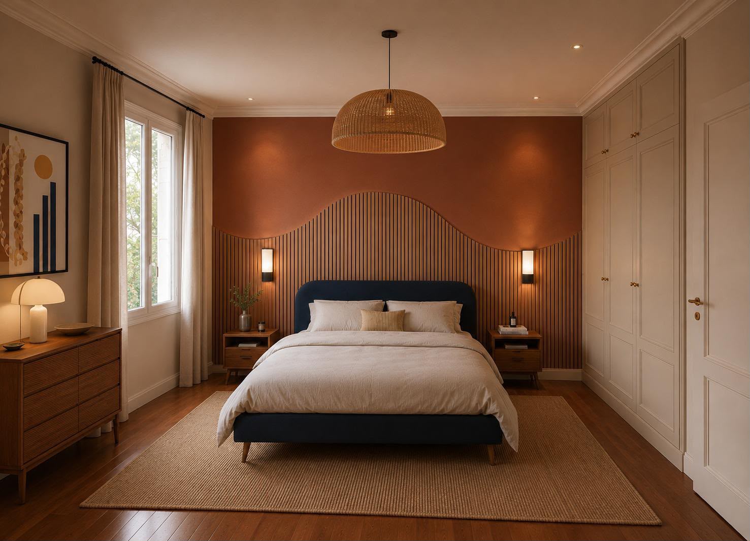 Warm Benahavís master bedroom with terracotta accent wall, curved walnut headboard and rattan pendant by Maison Quari Vera