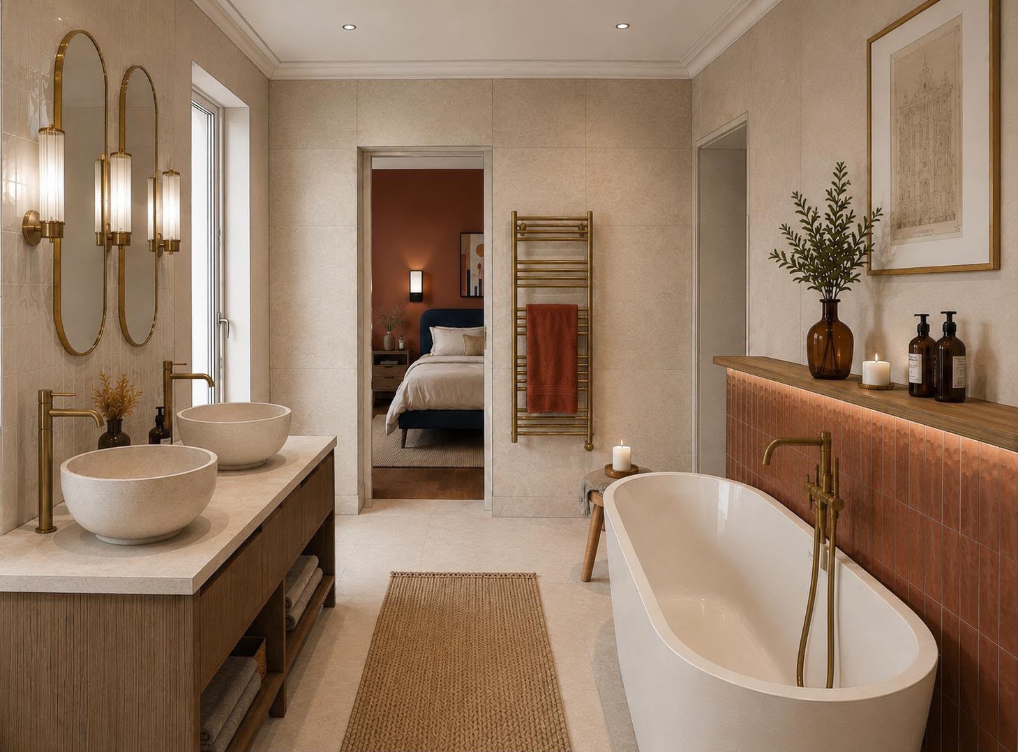 Benahavís villa ensuite bathroom with freestanding tub, aged brass fittings and double stone basins by Maison Quari Vera