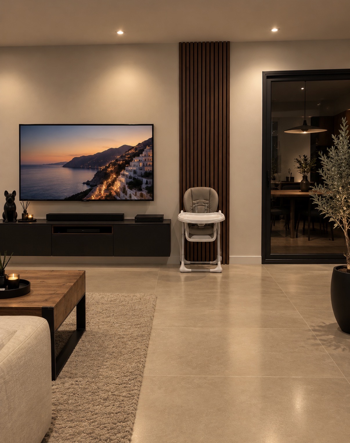 Living room with beige floor tiles, a floating dark media cabinet, vertical timber slats and black-framed glazing by Maison Quari Vera