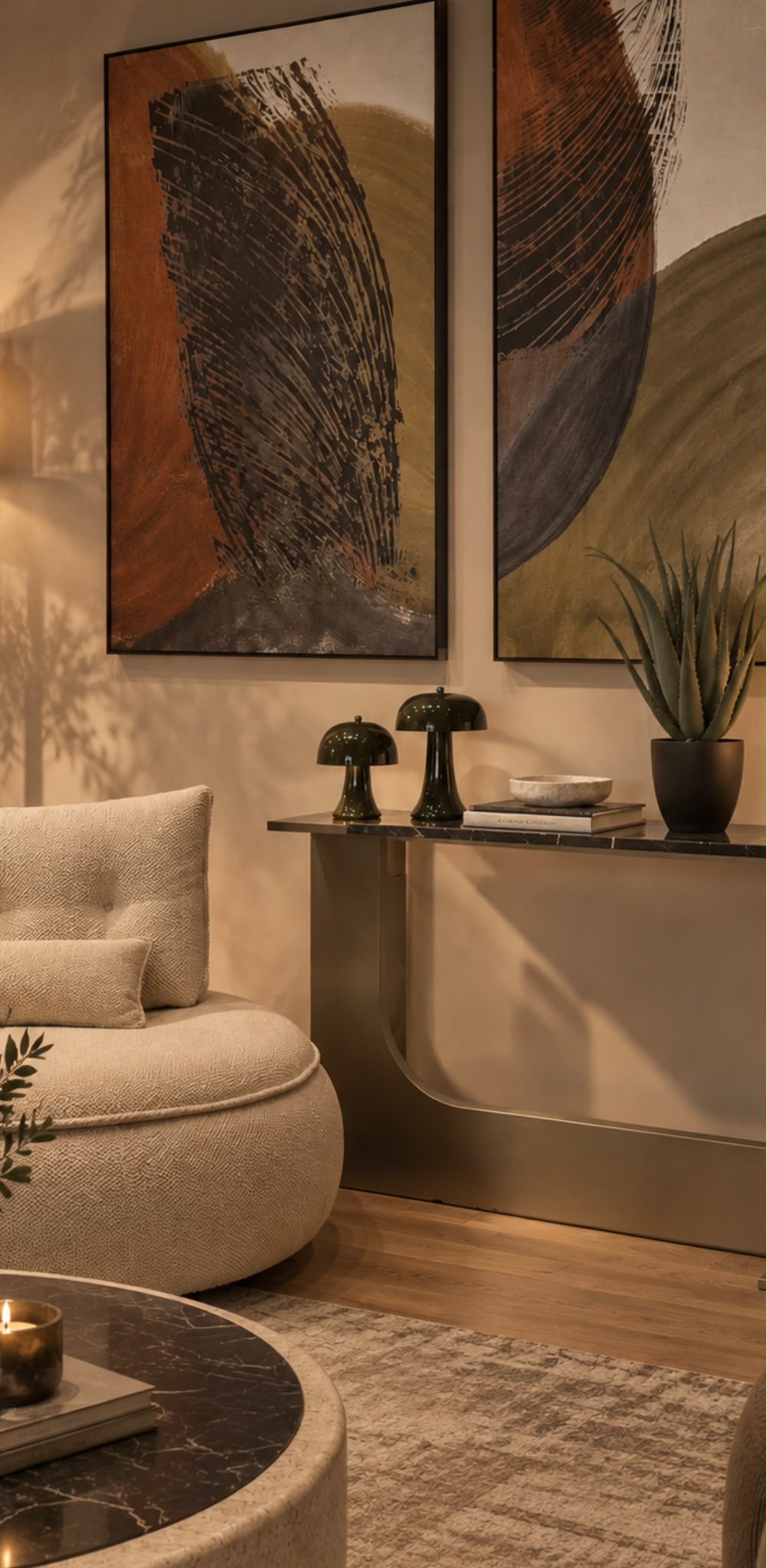 Brown veined marble console on dark timber supports, a cream upholstered chair and a stone table lamp beneath textured abstract art by Maison Quari Vera