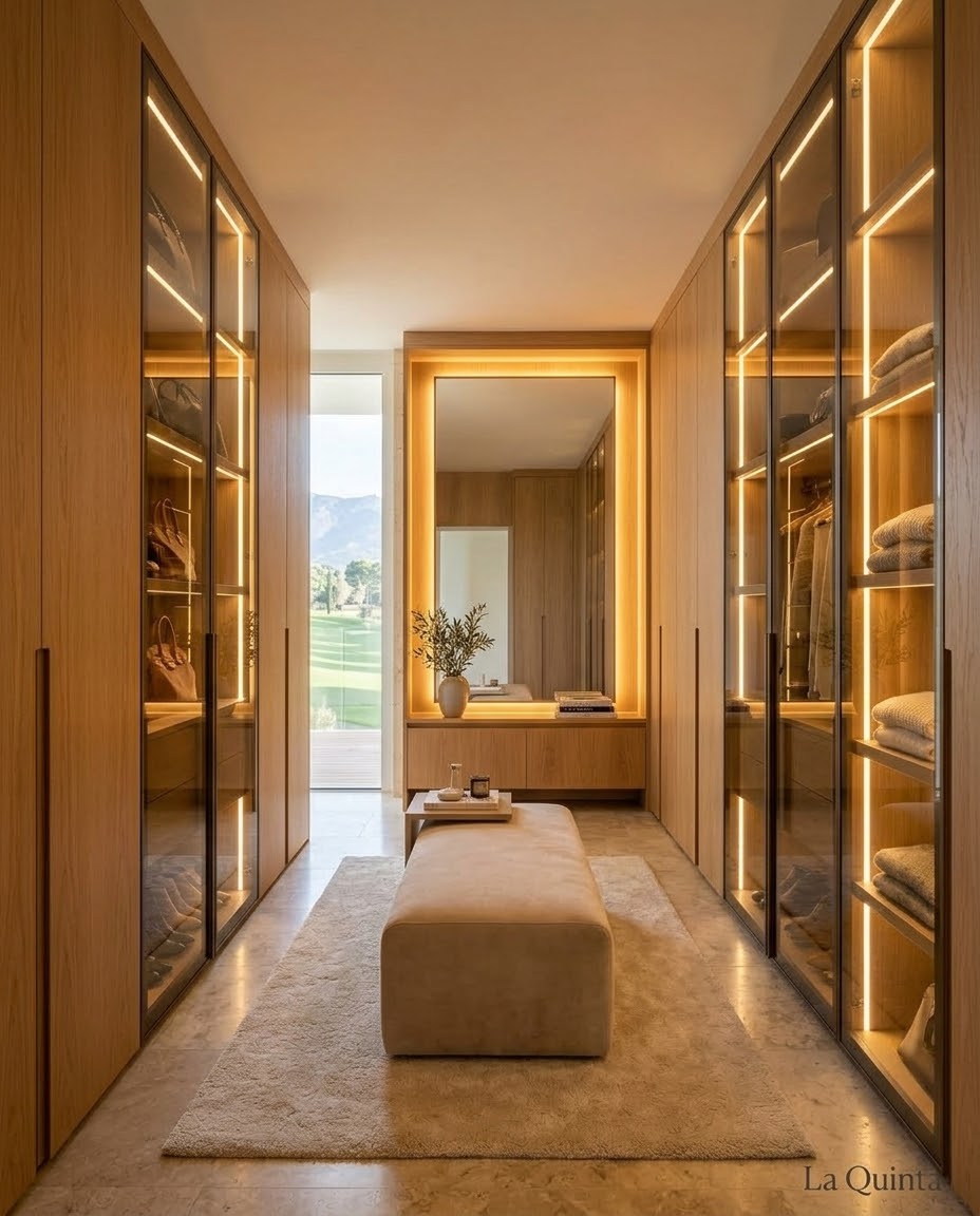 Stone-lined bathroom with a floating timber vanity, illuminated framed mirror, freestanding bath and glazed shower by Maison Quari Vera