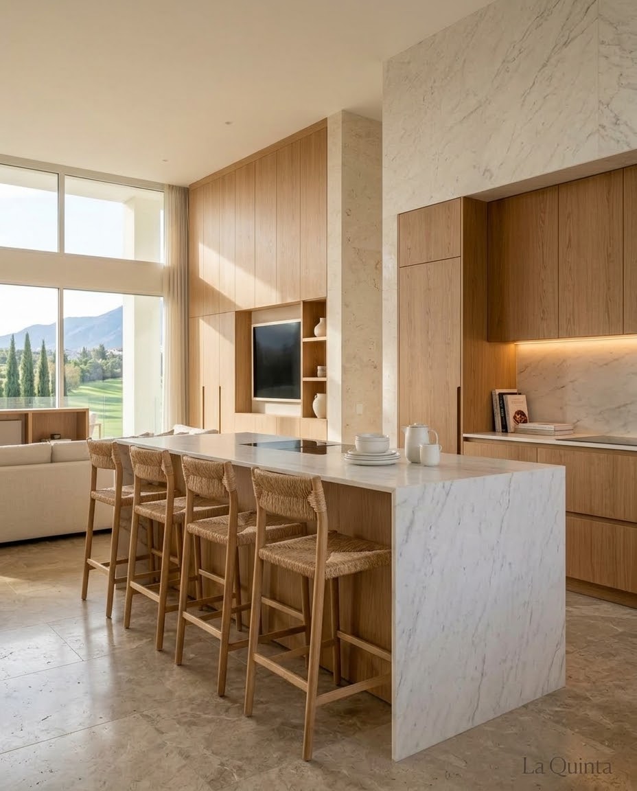 Sunlit dining area with a timber table, woven-seat chairs and tall glazing overlooking a golf course and mountains by Maison Quari Vera