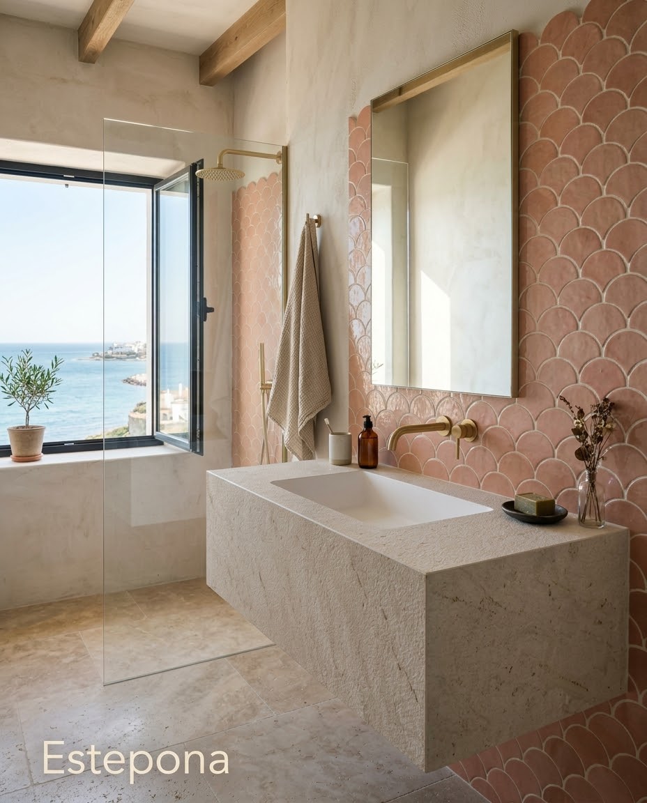 Sea-facing bathroom with a floating stone vanity, pink scalloped tiles and a glazed shower by Maison Quari Vera