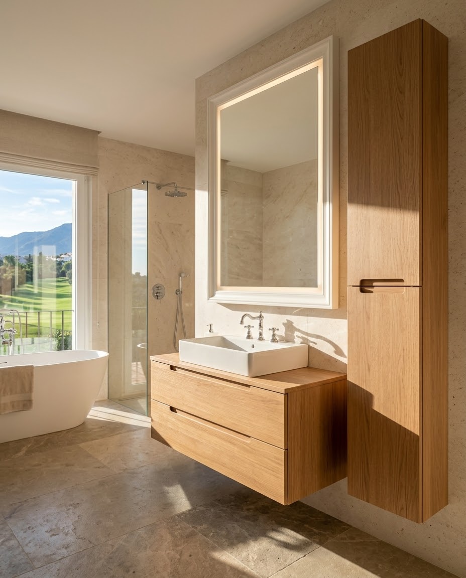 Open kitchen with a white veined stone island, woven bar stools and full-height timber cabinetry by Maison Quari Vera
