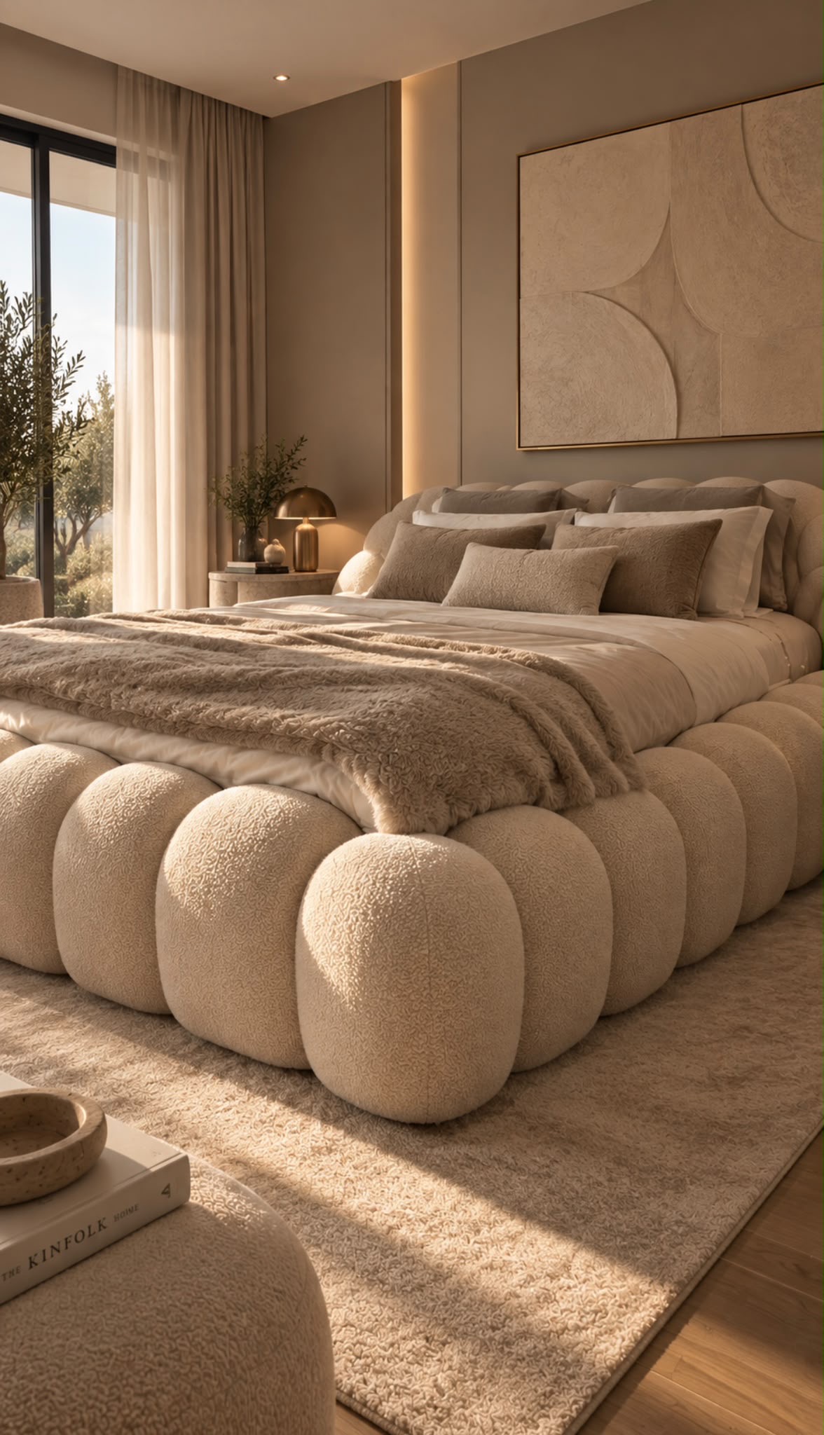 Sunlit bedroom with a rounded cream upholstered bed, sheer curtains and taupe wall panels by Maison Quari Vera