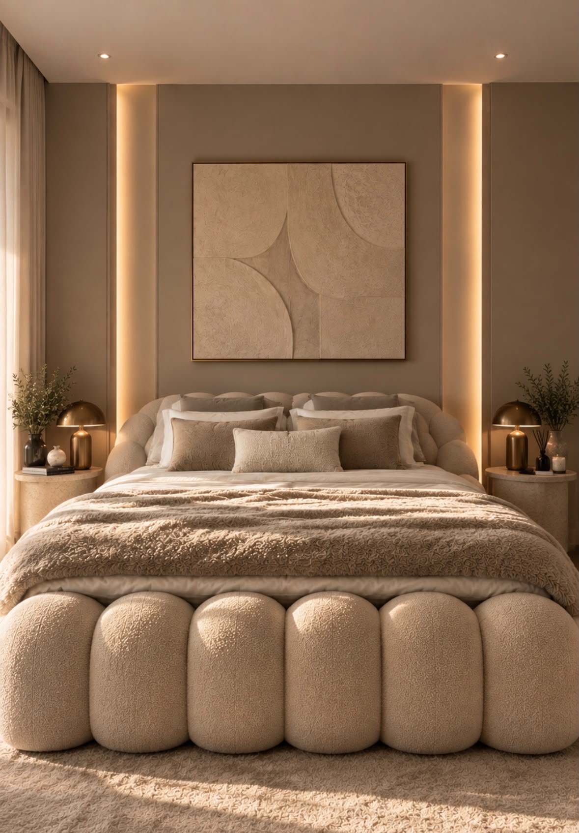 Sunlit bedroom with a rounded cream upholstered bed, sheer curtains and taupe wall panels by Maison Quari Vera