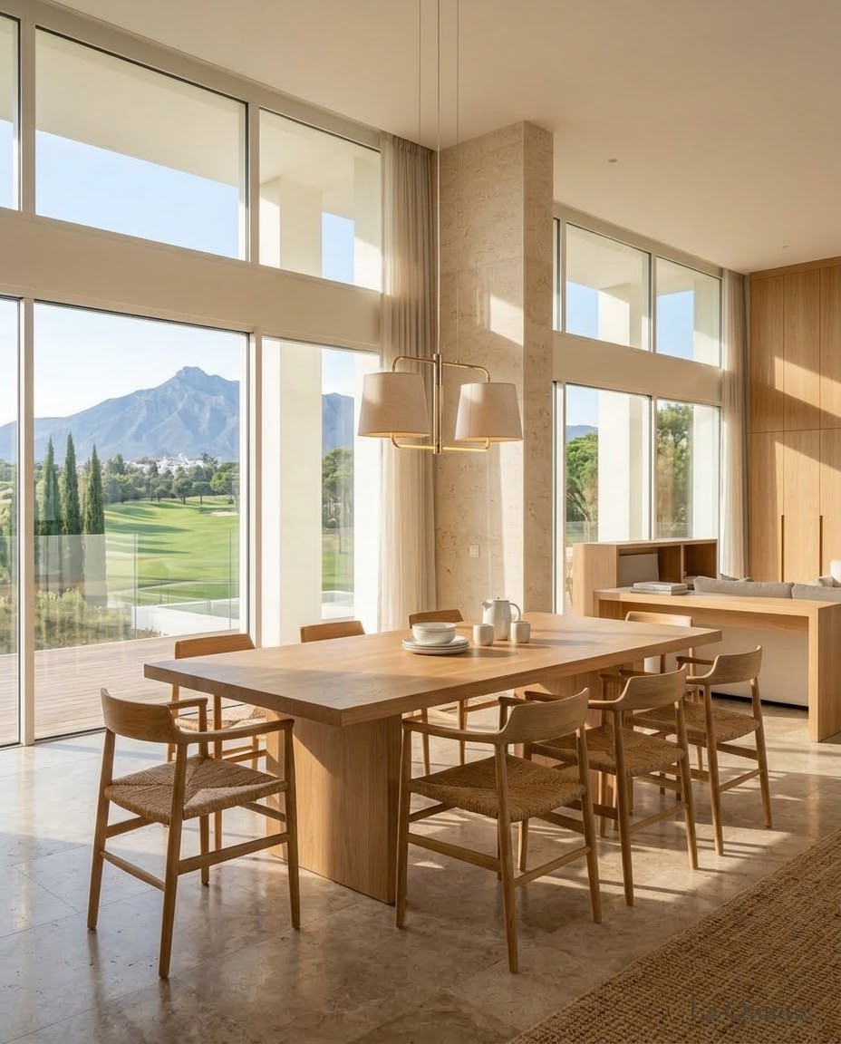 Sunlit dining area with a timber table, woven-seat chairs and tall glazing overlooking a golf course and mountains by Maison Quari Vera