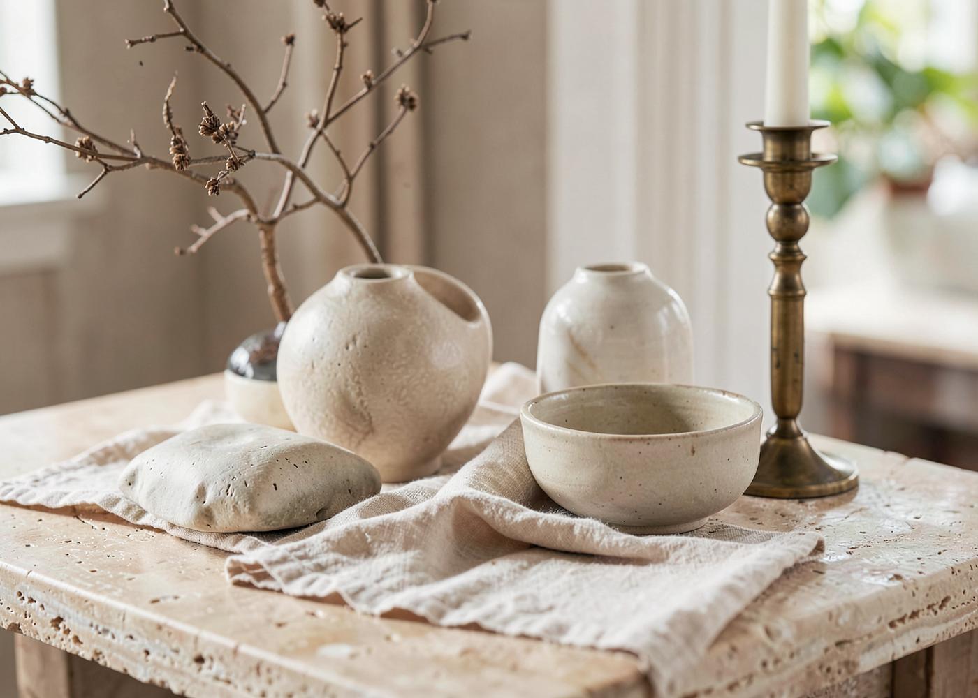 Ceramics, brass candlestick and linen styled on a travertine table by Maison Quari Vera