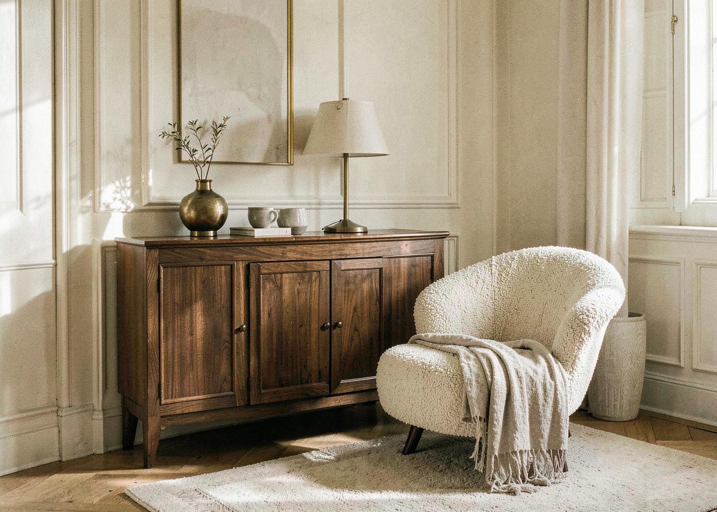 Bespoke walnut console, bouclé armchair and brass lamp selected and installed by Maison Quari Vera