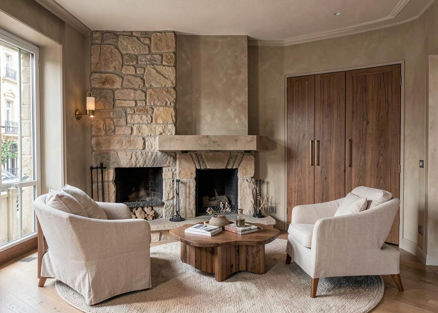Limewashed taupe salon with reclaimed stone fireplace and bespoke walnut cabinetry in a Bordeaux private residence by Maison Quari Vera