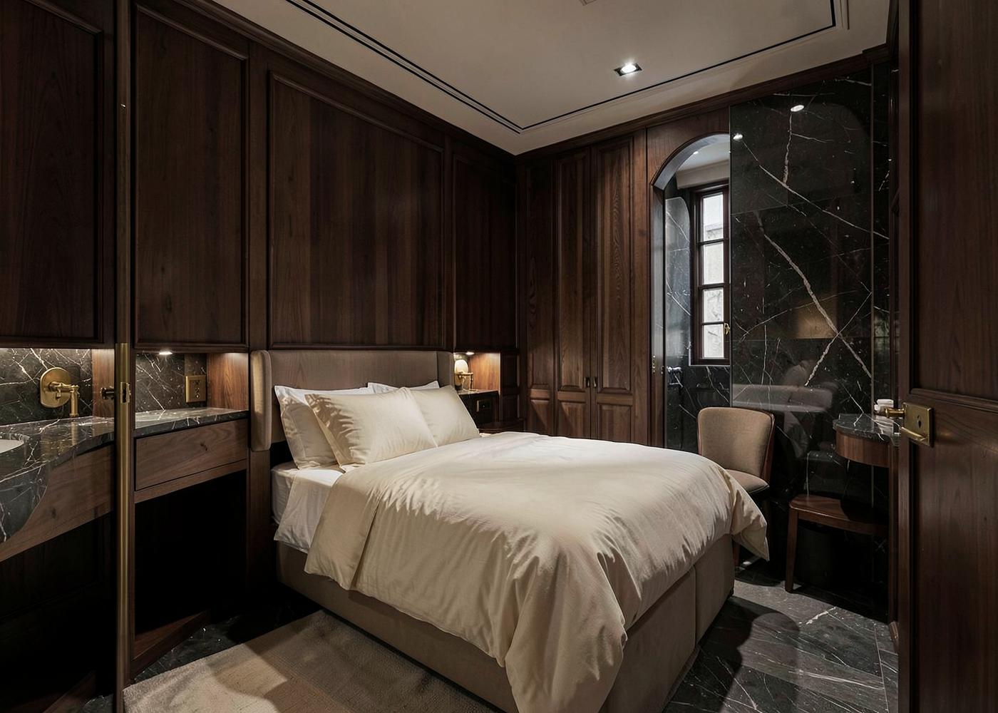 Walnut panelled hotel suite in Lyon delivered under full project management by Maison Quari Vera