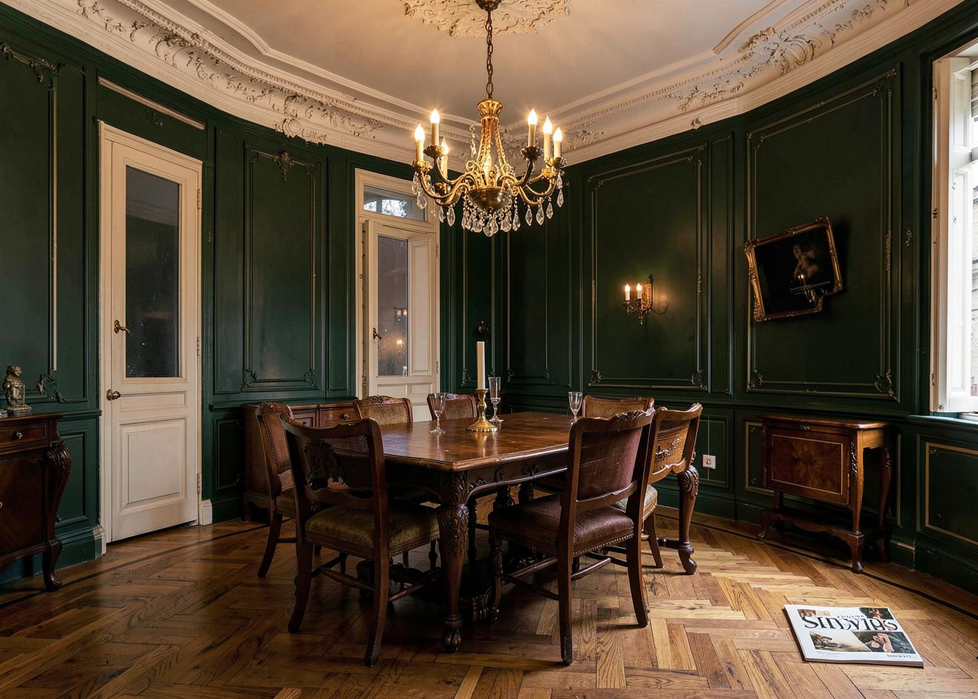 Dark green panelled dining room with restored mouldings, antique walnut table and brass crystal chandelier in a Marseille apartment by Maison Quari Vera