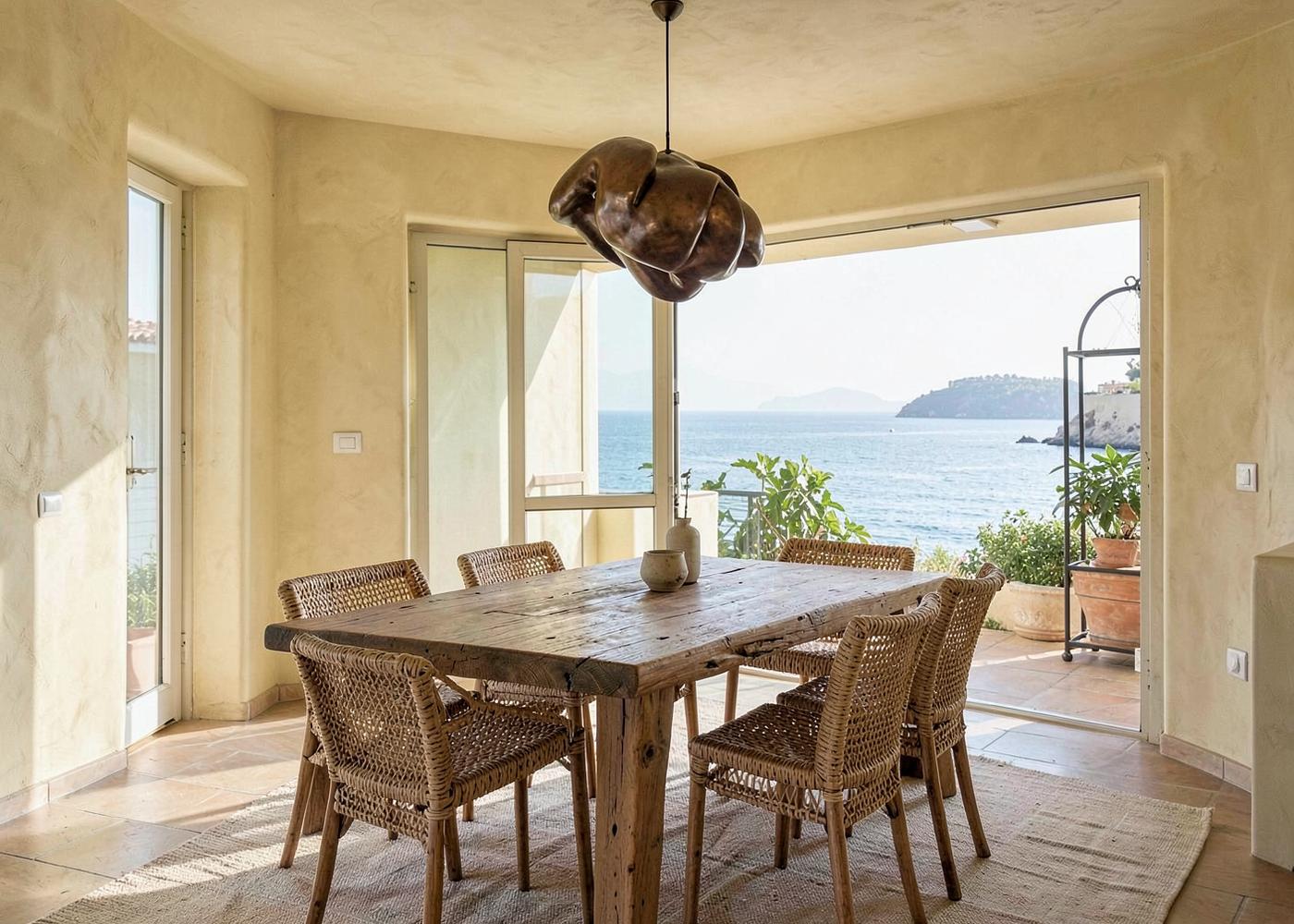 Lime plaster dining room with raw oak table, woven chairs and bronze pendant overlooking the Mediterranean, villa furnished by Maison Quari Vera